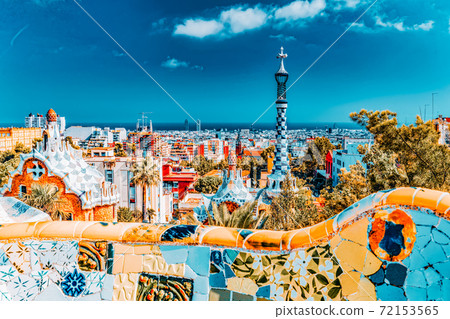 :Gorgeous and amazing Park Guel in Barcelona. In 1984 park has been declared UNESCO by the World heritage of mankind. Park Guell (1914) is the famous architectural town 72153565