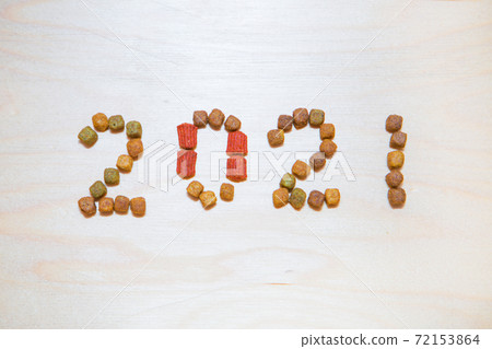 food for cats and dogs and the new year. Dry food label. Pet treats in 2021 food for cats and dogs and the new year. Dry food label. Pet treats in 2021 72153864
