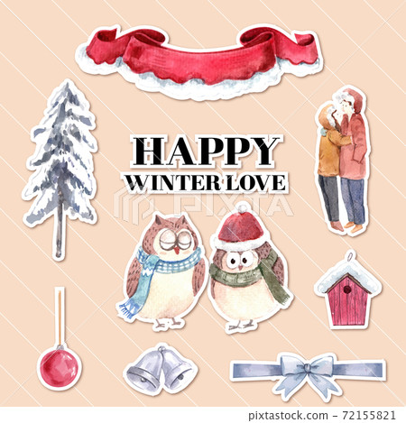 Sticker template with winter love concept design for character cartoon isolated watercolor vector illustration 72155821