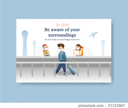 Facebook template with COVID-19 prevention concept design for new normal lifestyle watercolor vector illustration. 72155867