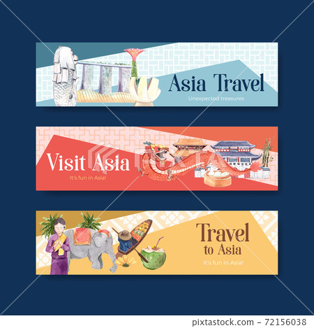 Banner template with Asia travel concept design for advertise and marketing watercolor vector illustration 72156038