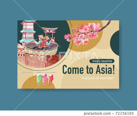 Facebook template with Asia travel concept design for social media and digital marketing watercolor vector illustration 72156193