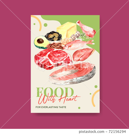 Poster template with ketogenic diet concept for advertise and brochure watercolor vector illustration. 72156294