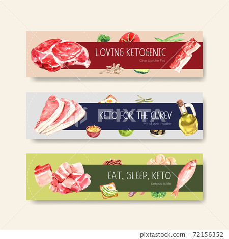 Banner template with ketogenic diet concept for advertise and marketing watercolor vector illustration. 72156352