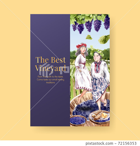 Poster template with wine farm concept design for advertise and marketing watercolor vector illustration. 72156353