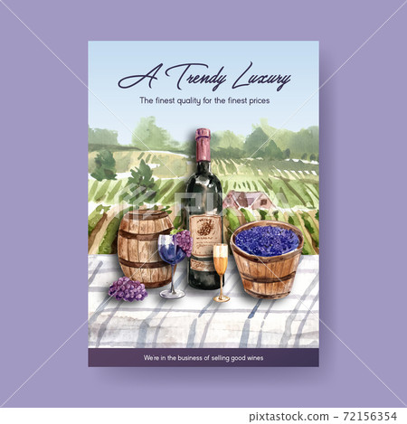 Poster template with wine farm concept design for advertise and marketing watercolor vector illustration. Poster template with wine farm concept design for advertise and marketing watercolor vector illustration. 72156354