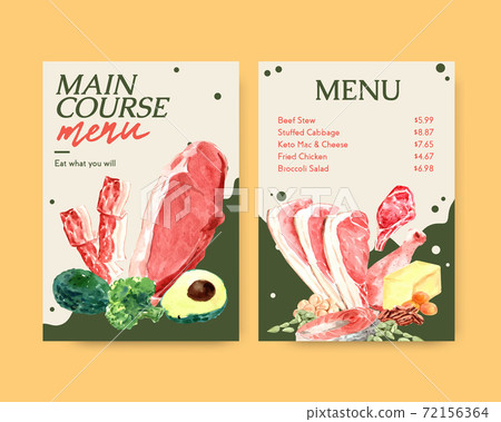 Big menu template with ketogenic diet concept for restaurant and food shop watercolor vector illustration. 72156364