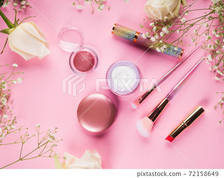Shiny make up products and accessories on pink Shiny make up products and accessories on pink 72158649