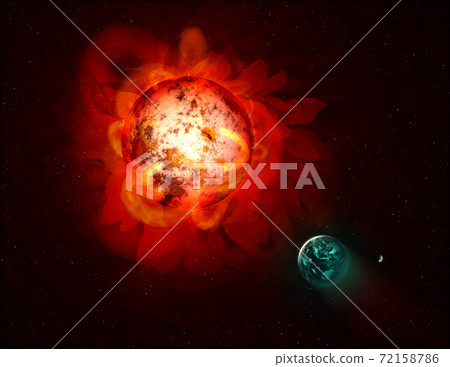 The sun is in the form of a giant red flower with petals as solar prominence and planet earth. The sun is in the form of a giant red flower with petals as solar prominence and planet earth. 72158786