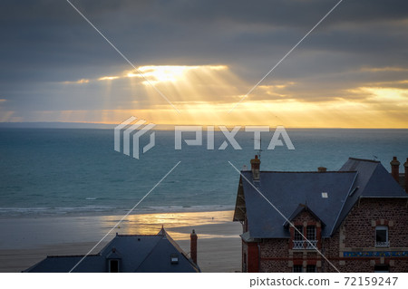 Pleneuf Val Andre city and beach view at sunset, Brittany, France 72159247