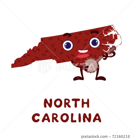 Cute cartoon North Carolina state character clipart. Illustrated map of state of North Carolina of USA with state name. Funny character design for kids game, sticker, card, poster. Vector illustration 72160218