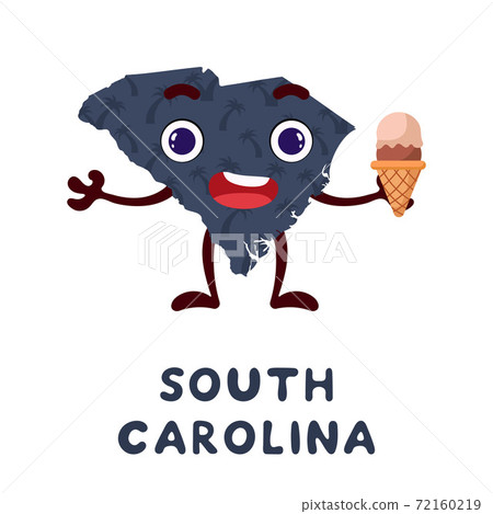 Cute cartoon South Carolina state character clipart. Illustrated map of state of South Carolina of USA with state name. Funny character design for kids game, sticker, card, poster. Vector illustration 72160219