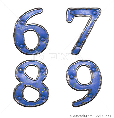 Set of numbers 6, 7, 8, 9 made of painted metal with blue rivets on white background. 3d Set of numbers 6, 7, 8, 9 made of painted metal with blue rivets on white background. 3d 72160634