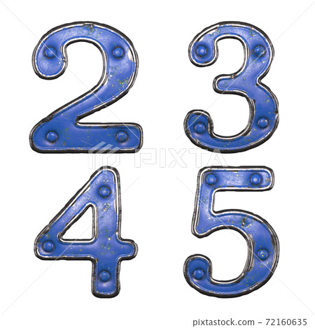 Set of numbers 2, 3, 4, 5 made of painted metal with blue rivets on white background. 3d Set of numbers 2, 3, 4, 5 made of painted metal with blue rivets on white background. 3d 72160635