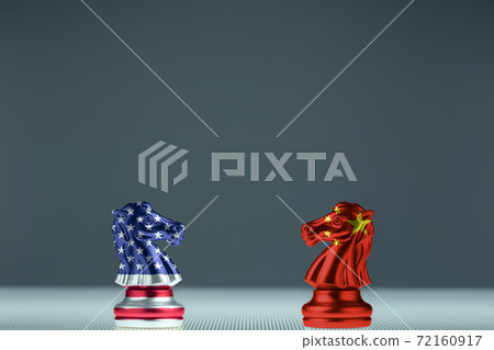 American flag knight chess and China flag knight chess confront each other on transparent board. Chess knight head to head. Confrontation and trade war concept. American flag knight chess and China flag knight chess confront each other on transparent board. Chess knight head to head. Confrontation and trade war concept. 72160917
