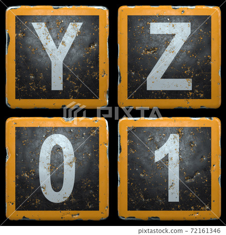 Public road sign orange and black color with a capital set of letters Y, Z and number 0, 1 in the center isolated on black background. 3d 72161346