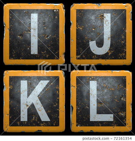 Public road sign orange and black color with a capital set of letters I, J, K, L in the center isolated on black background. 3d 72161354