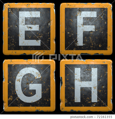 Public road sign orange and black color with a capital set of letters E, F, G, H in the center isolated on black background. 3d 72161355