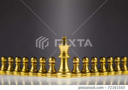The golden king of chess stands out from the hordes of pawns behind it. Concept of leadership and success in business competition. 72161503