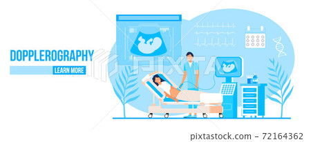 Dopplerography concept vector for landing page. Doctor are doing ultrasound fetus screening checkup in clinic office. Concept of baby belly sonography scan looking at machine vector. Dopplerography concept vector for landing page. Doctor are doing ultrasound fetus screening checkup in clinic office. Concept of baby belly sonography scan looking at machine vector. 72164362