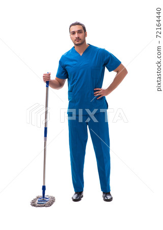 Young male assistant with mop isolated on white Young male assistant with mop isolated on white 72164440