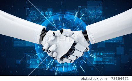 3D rendering humanoid robot handshake to collaborate future technology 72164471