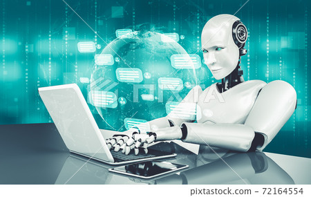 AI robot using computer to chat with customer. Concept of chat bot AI robot using computer to chat with customer. Concept of chat bot 72164554