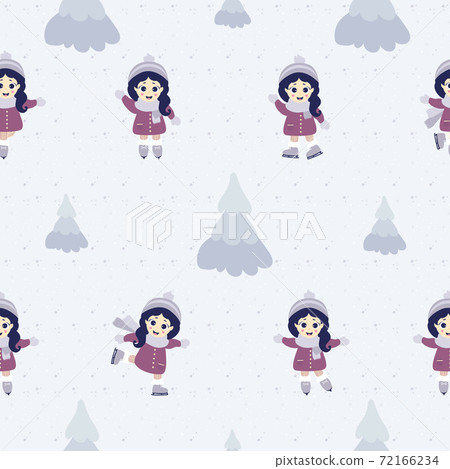 Seamless patterns. Cute little girl ice skating in different poses against the background of snow and Christmas trees. Winter sports and recreation. Vector illustration 72166234