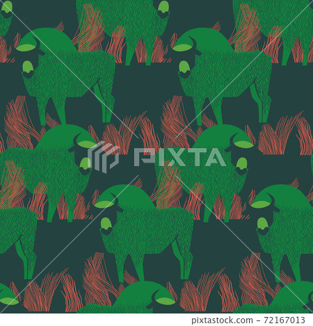 Bison in a field in high grass seamless pattern 72167013