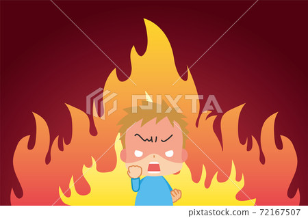 卡通風格的背景，一個小男孩和燃燒的火焰尖叫，他的拳頭髮抖 72167507