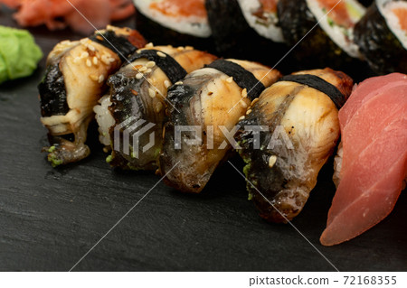 Big Set of Various Japanese Sushi Food Closeup 72168355