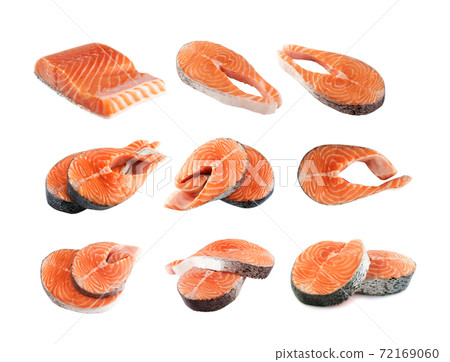 Slice Of Raw Pink Salmon Steak For Restaurant Menu Close Up On Natural  Black Stone Background. Thick Piece Of Fresh Red Fish, Chum Or Trout Stock  Photo, Picture and Royalty Free Image.