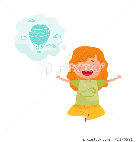 Pretty Red Cheeked Girl Sitting on the Floor and Dreaming about Air Balloon Vector Illustration 72170581