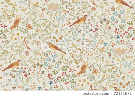 Vintage seamless ornament with birds in foliage and flowers on light beige background. Vector illustration. 72171672