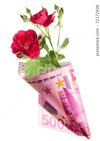 Funny gift, bouquet of red rose flowers wrapped in five hundred euros. Isolation on white Funny gift, bouquet of red rose flowers wrapped in five hundred euros. Isolation on white 72172606