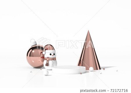 Cute Rose Gold Snowman standing with christmas ball ornaments object group with podium display stand on Xmas background 3d rendering. 3d illustration celebration, christmas and new year concept. 72172716