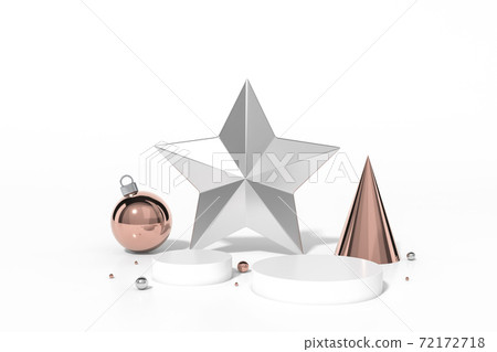 Silver shape star and Rose gold cone geometric, ornaments christmas ball with podium display stand on white background 3d rendering. 3d illustration minimal style christmas and new year concept. 72172718