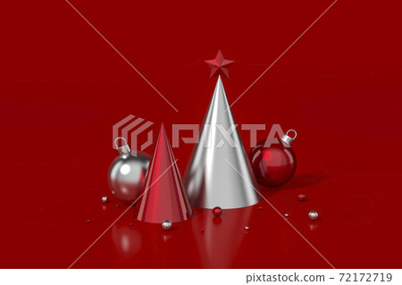 Red and Silver cone geometric with red shape star and christmas ball on red background 3d rendering. 3d illustration minimal style christmas and new year concept. 72172719