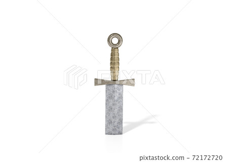 Sword pierce ground on white background 3d rendering. 3d illustration Excalibur, King Arthur or aged knights sword stuck in the ground. 72172720