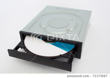 Opened CD - DVD drive with black cap, disk inside. 72173687