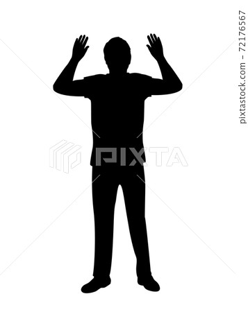 Silhouette of man surrenders with raised arms Silhouette of man surrenders with raised arms 72176567