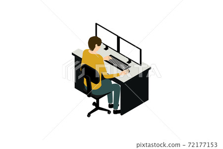 Person who works on a personal computer with dual monitors isometric 72177153