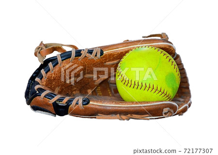 Closeup Of Vintage Softball Glove And Old ball Isolated On White Background. Closeup Of Vintage Softball Glove And Old ball Isolated On White Background. 72177307