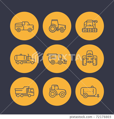 Agricultural machinery icons in linear style Agricultural machinery icons in linear style 72178803