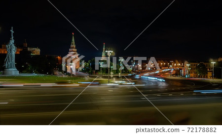 Night road in the centre of Moscow, statue of Prince Vladimir at night Night road in the centre of Moscow, statue of Prince Vladimir at night 72178882