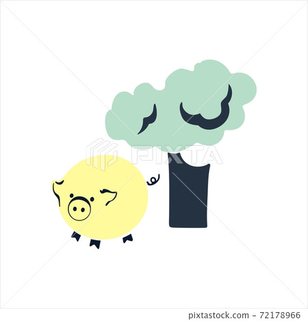Round pig standing near a tree. Yellow piggy and gray fluffy baobab tree. Cartoon style vector illustration isolated on white background. 72178966