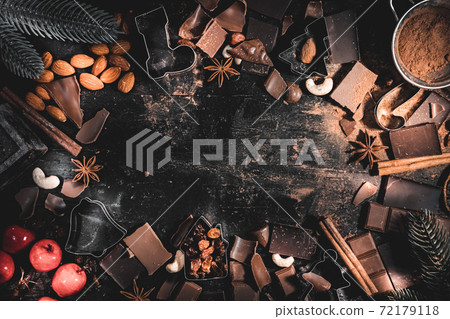 Merry Christmas post card wallpaper with space for text of bakery ingredients of making chocolate cookies top view photo 72179118