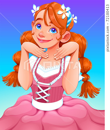 Smiling child with flowers in her hair 72180413