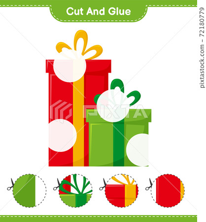 Cut and glue, cut parts of Gift Boxes and glue them. Educational children game, printable worksheet, vector illustration Cut and glue, cut parts of Gift Boxes and glue them. Educational children game, printable worksheet, vector illustration 72180779