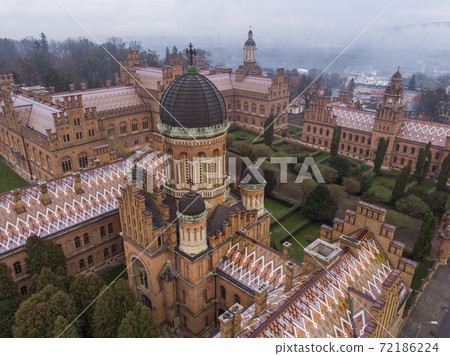 Chernivtsi University Aerial Shot at at Later Autumn in Moody Misty Weather Chernivtsi University Aerial Shot at at Later Autumn in Moody Misty Weather 72186224